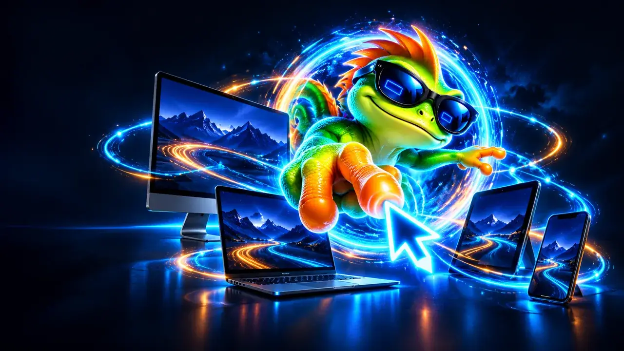 Zook the lizard clicking across a laptop, a monitor, a tablet and a phone linked by light