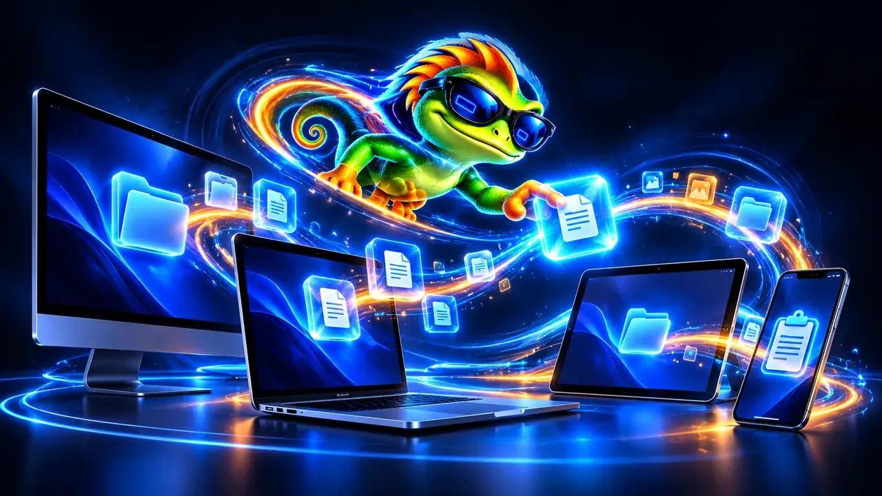 Files and folders flying between a laptop, monitors and a phone