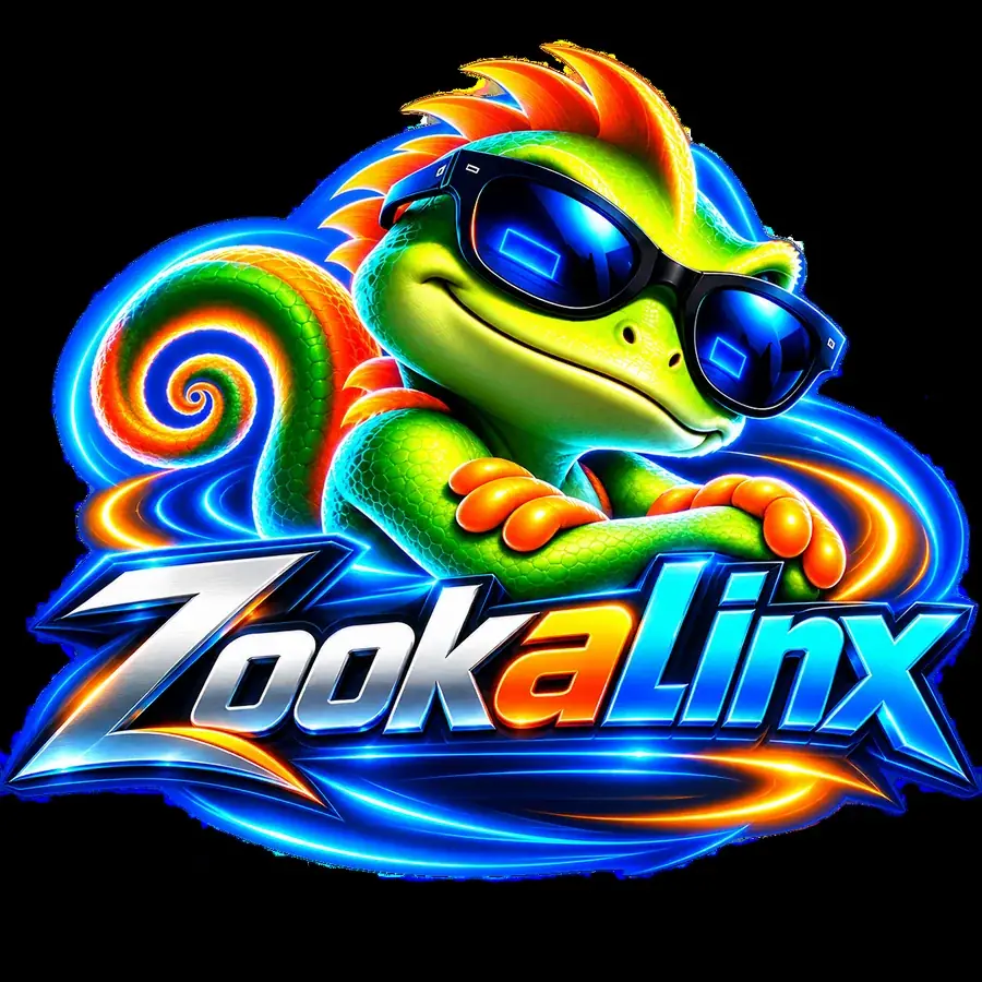 Zook, the ZookaLinx lizard in sunglasses, leaning on the ZookaLinx logo