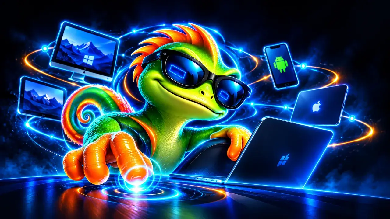Zook the lizard surrounded by a Windows PC, a Mac, an Android phone and an iPhone, all linked