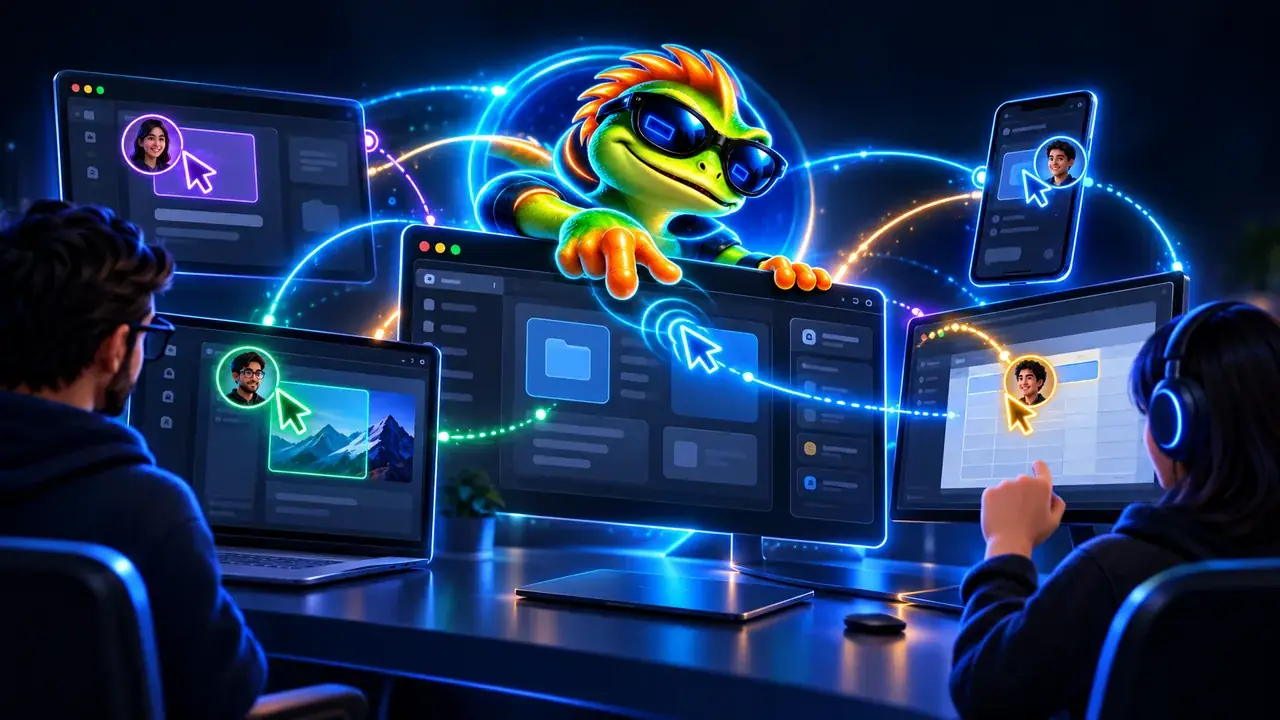 Two technicians working together on screens shared in a session